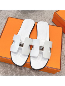 Hermes Oran One Stud H Flat Slide Sandals in Smooth Leather White/Silver 2021 