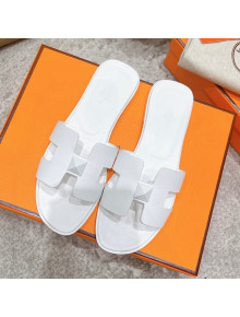 Hermes Oran One Stud H Flat Slide Sandals in Smooth Leather All White 2021 