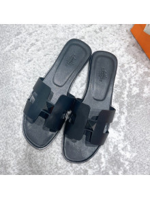 Hermes Oran One Stud H Flat Slide Sandals in Smooth Leather All Black 2021 