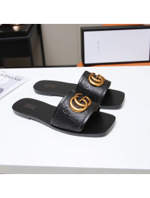 Gucci GG Leather Slide Sandal with Double G Black 2022 62