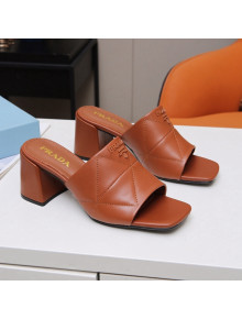 Prada Calf Leather Medium Heel Slide Sandals 7cm Brown 2022
