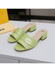 Fendi Stone Embossed Leather Slide Sandals 4cm Green 2022