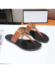 Gucci GG Leather Thong Sandal with Double G Brown 2022 50