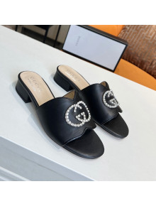 Gucci Leather Slide Sandal with Crystal Double G Black 2022 57