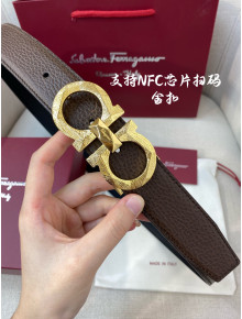 Ferragamo Men's Gained Calf Leather Belt 3.5cm Taupe Grey/Shiny Gold 2022 033135