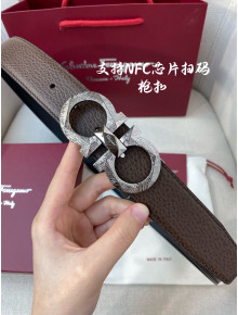 Ferragamo Men's Gained Calf Leather Belt 3.5cm Taupe Grey/Matte Silver 2022 033136