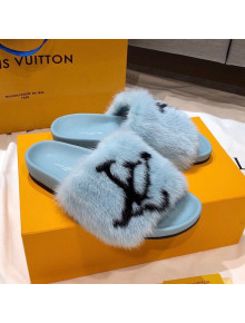 Louis Vuitton LV Mink Fur Flat Slide Sandals Blue 2021 17