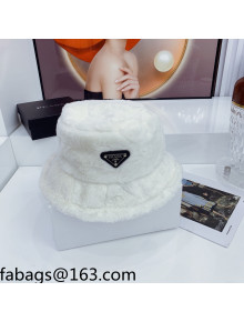 Prada Rubbit Fur Logo Bucket Hat White 2021