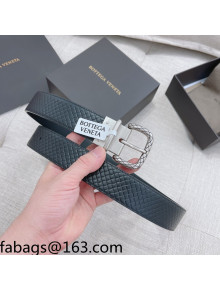 Bottega Veneta Intrecciato-Like Calfskin Belt 3.5cm with Sqaure Buckle Black/Silver 2021