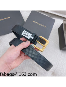 Bottega Veneta Intrecciato-Like Calfskin Belt 3.5cm with Sqaure Buckle Black 02 2021