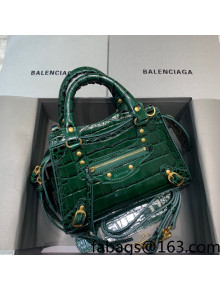 Balenciaga Neo Classic Mini Bag in Shiny Crocodile Embossed Leather Dark Green/Gold 2021 638512
