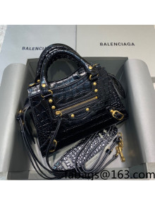 Balenciaga Neo Classic Mini Bag in Shiny Crocodile Embossed Leather Black/Gold 2021 638512