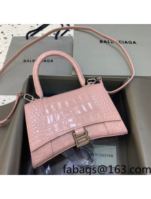 Balenciaga Hourglass Small Top Handle Bag in Shiny Crocodile Leather Powder Pink 2021