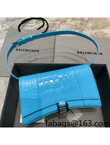Balenciaga Hourglass Sling Shoulder Bag in Shiny Crocodile Embossed Calfskin Azur Blue 2021
