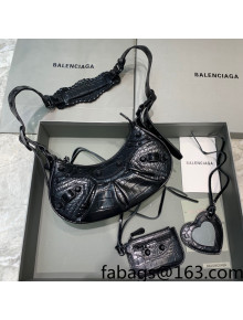 Balenciaga Le Cagole XS Shoulder Bag in Crocodile Embossed Calfskin All Black 2021