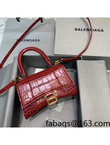 Balenciaga Hourglass Mini Top Handle Bag in Shiny Crocodile Leather Burgundy 2021