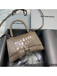 Balenciaga Hourglass Small Top Handle Bag  in Shiny Crocodile Leather Dark Beige/Silver 2022