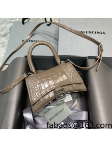 Balenciaga Hourglass Mini Top Handle Bag  in Shiny Crocodile Leather Dark Beige/Silver 2022