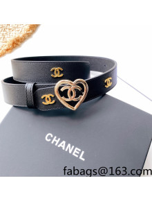 Chanel Love Leather Belt 3cm with Heart Buckle Black/Gold 2022 033063