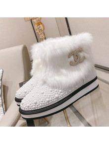 Chanel Crystal & Rabbit Fur Ankle Boots White 2021 68