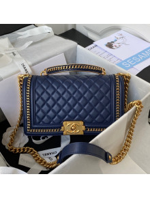 Chanel Lambskin Chain Medium Boy Handbag Navy Blue 2021 52