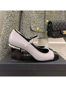 Chanel Shiny Calfskin Pearl Heel Mary Janes Pumps 7.5cm Light Purple 2022