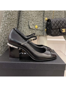 Chanel Shiny Calfskin Pearl Heel Mary Janes Pumps 7.5cm Black 2022