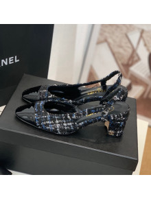 Chanel Tweed Slingback Pumps 6.5cm G31318 Black/Blue 2022 05