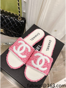 Chanel Tweed Flat Slide Sandals Pink 2022 030515