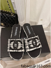 Chanel Tweed Flat Slide Sandals Black/White 2022 030518