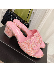 Chanel Tweed Medium Heel Slide Sandals 4.5cm Pink 2022 030526