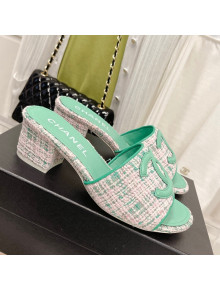 Chanel Tweed Medium Heel Slide Sandals 4.5cm Green/Pink 2022 030528