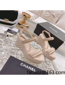 Chanel Patent Leather Wedge Sandals with Chain Nude Pink 2022