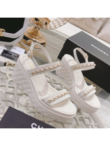 Chanel Patent Leather Wedge Sandals with Chain White 2022
