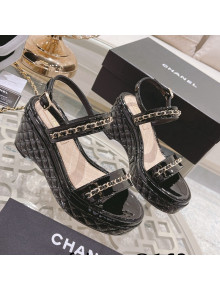 Chanel Patent Leather Wedge Sandals with Chain Black 2022