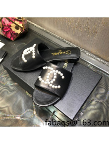 Chanel Calfskin Pearl CC Flat Slide Sandals Black 2022 032208