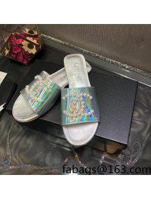 Chanel Iridescent Calfskin Pearl CC Flat Slide Sandals Silver 2022 032206