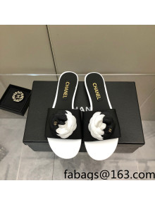 Chanel Grosgrain Camellia Bloom Flat Slide Sandals White/Black 2022 0321103