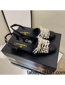 Chanel Lambskin Pearl Bead Charm Medium Heel Sandals 5cm Black 2022