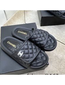 Chanel Quilted Leather Foldover Flat Slide Sandals Black 2022
