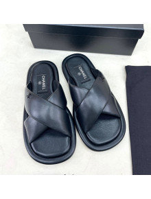 Chanel Lambskin Crossover Strap Flat Slide Sandals Black 2022 032534