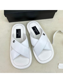 Chanel Lambskin Crossover Strap Flat Slide Sandals White 2022 032535