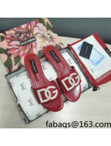 Dolce & Gabbana Patent Leather Crystal DG Flat Slide Sandals Burgundy 2022