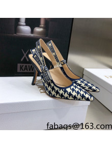 Dior J'Adior Slingback Pumps 9.5cm in Cotton Embroidery with Micro Houndstooth Deep Blue/White 2021  