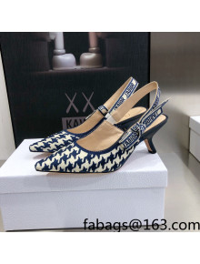 Dior J'Adior Slingback Pumps 6.5cm in Cotton Embroidery with Micro Houndstooth Deep Blue/White 2021  