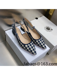 Dior J'Adior Slingback Ballerina Flat in Cotton Embroidery with Micro Houndstooth Deep Blue/White 2021  