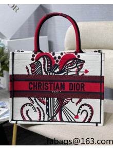 Dior Medium Book Tote Bag in White and Red Multicolor Cupidon Embroidery 2022