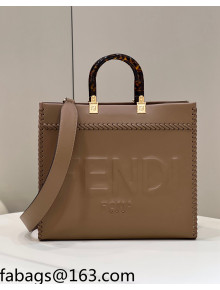 Fendi Sunshine Medium Shopper Tote Bag with Braided Trim Dark Beige 2022 8535