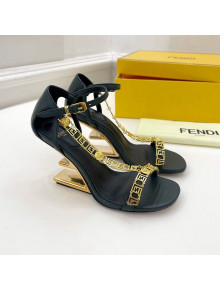 Fendi First F Calfskin Heel 8.5cm Sandals with Logo Chain Dark Green 2022 