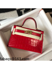 Hermes Kelly Mini Bag 19cm in Crocodile Embossed Calf Leather Chinese Red/Gold 2021 